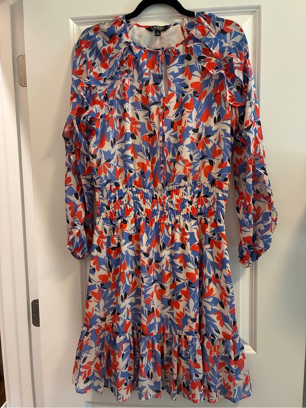 Ralph Lauren White Floral Long-Sleeve Dress with Red & Blue Print